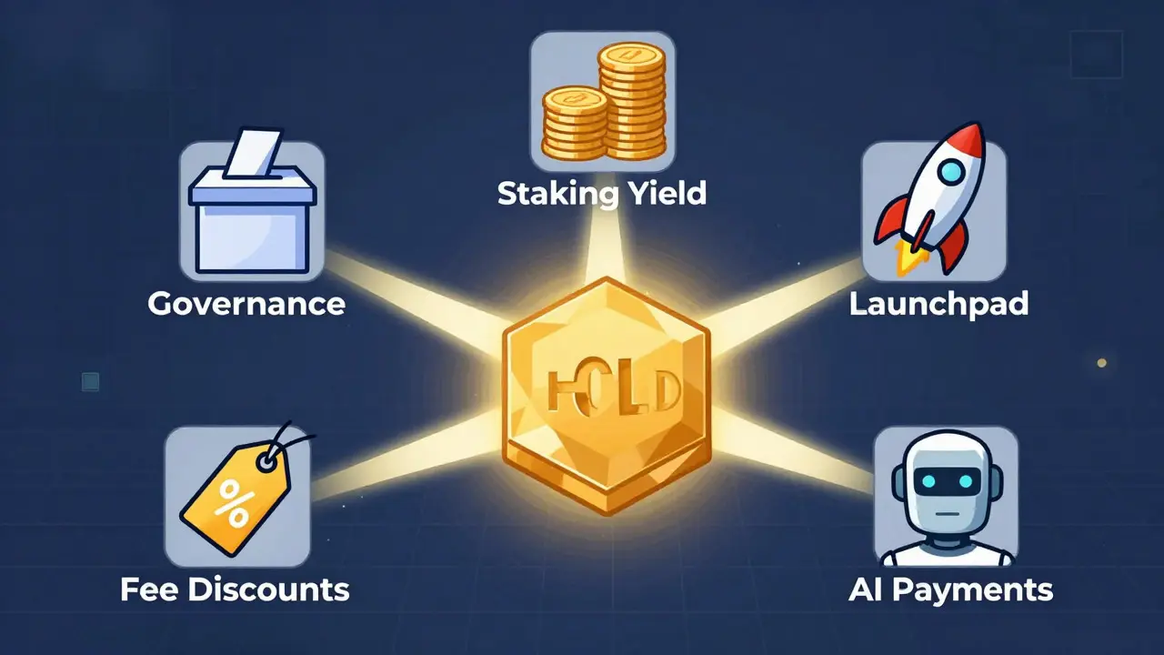 Illustration of golden token connected to governance, staking, and AI icons