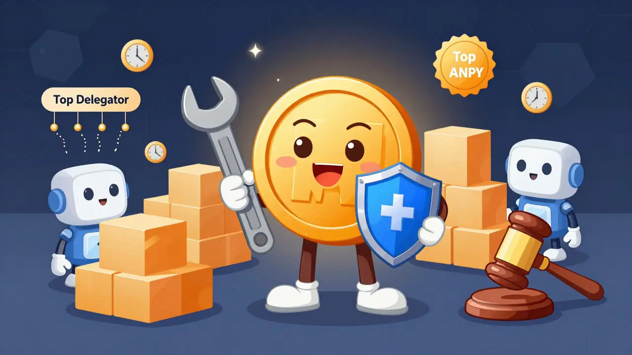 Illustration of MANTA token utility featuring staking, gas fees, and governance functions