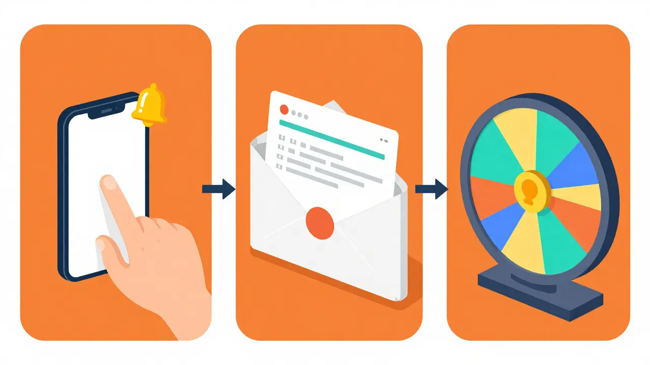 Illustration of three steps: phone tap, wallet form, and random selection wheel