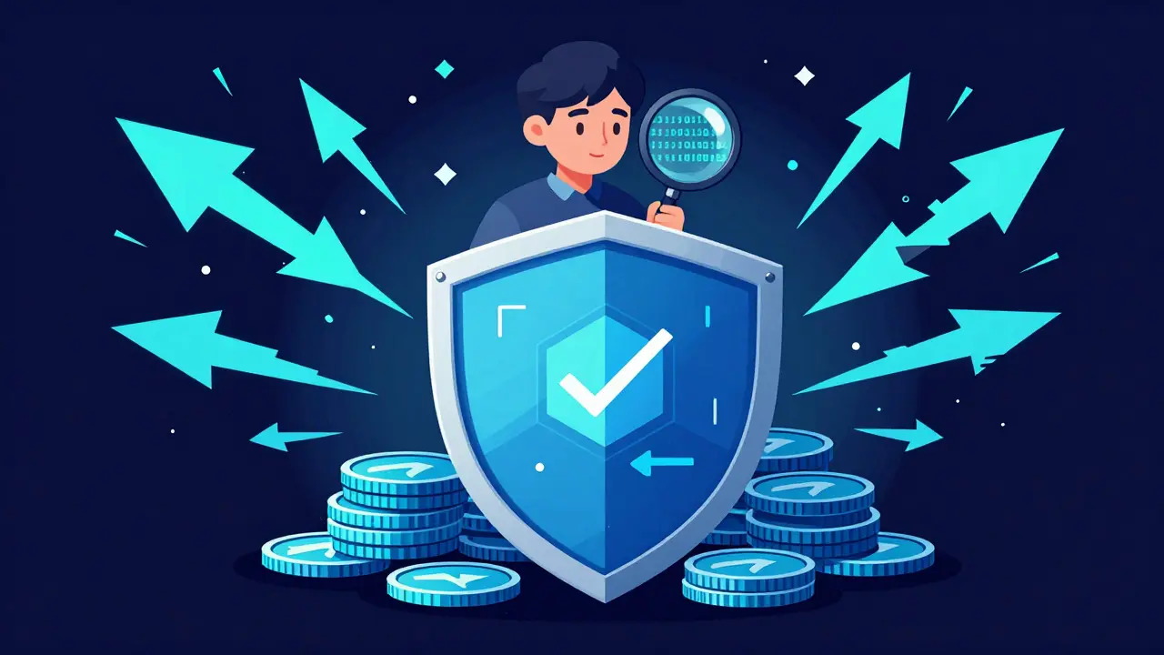 Shield protecting digital coins from scam arrows while a user verifies data