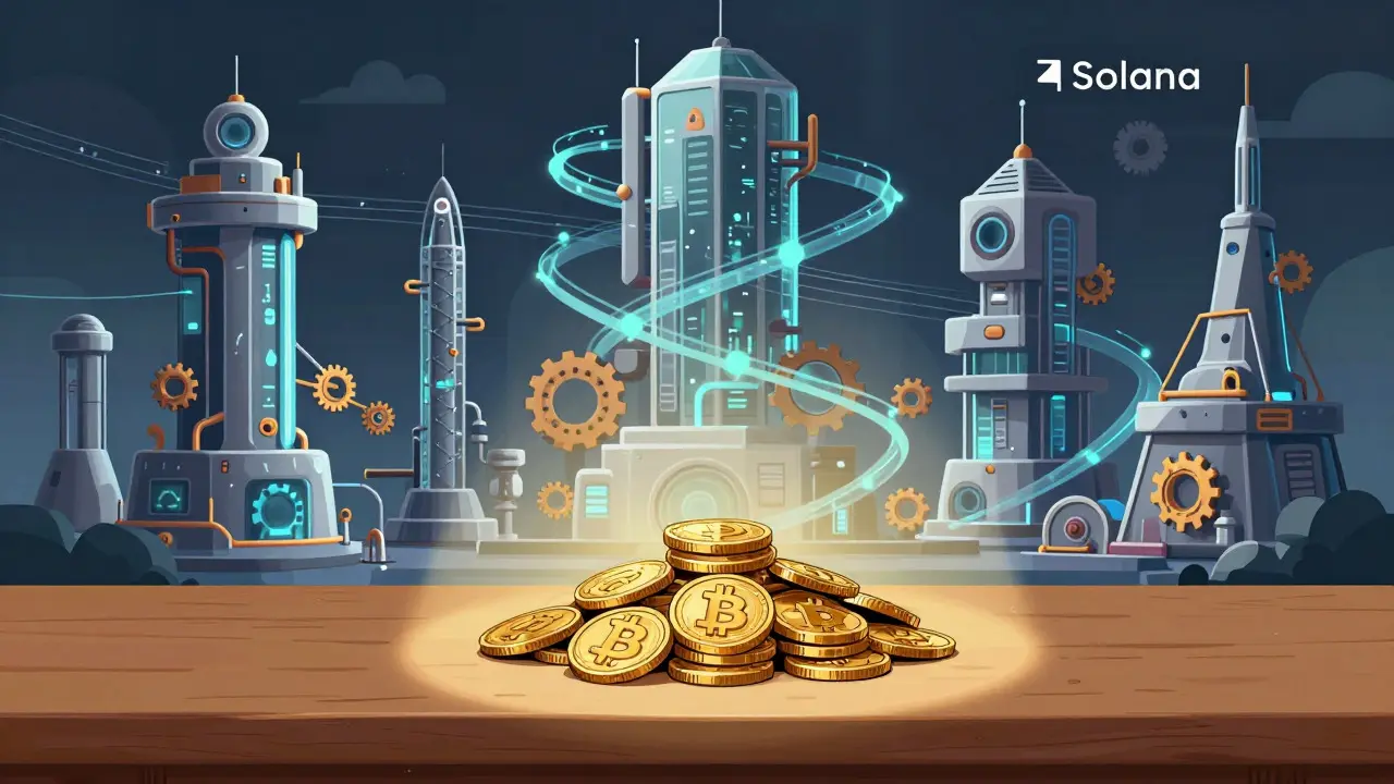 Small pile of coins in foreground vs complex machinery in background