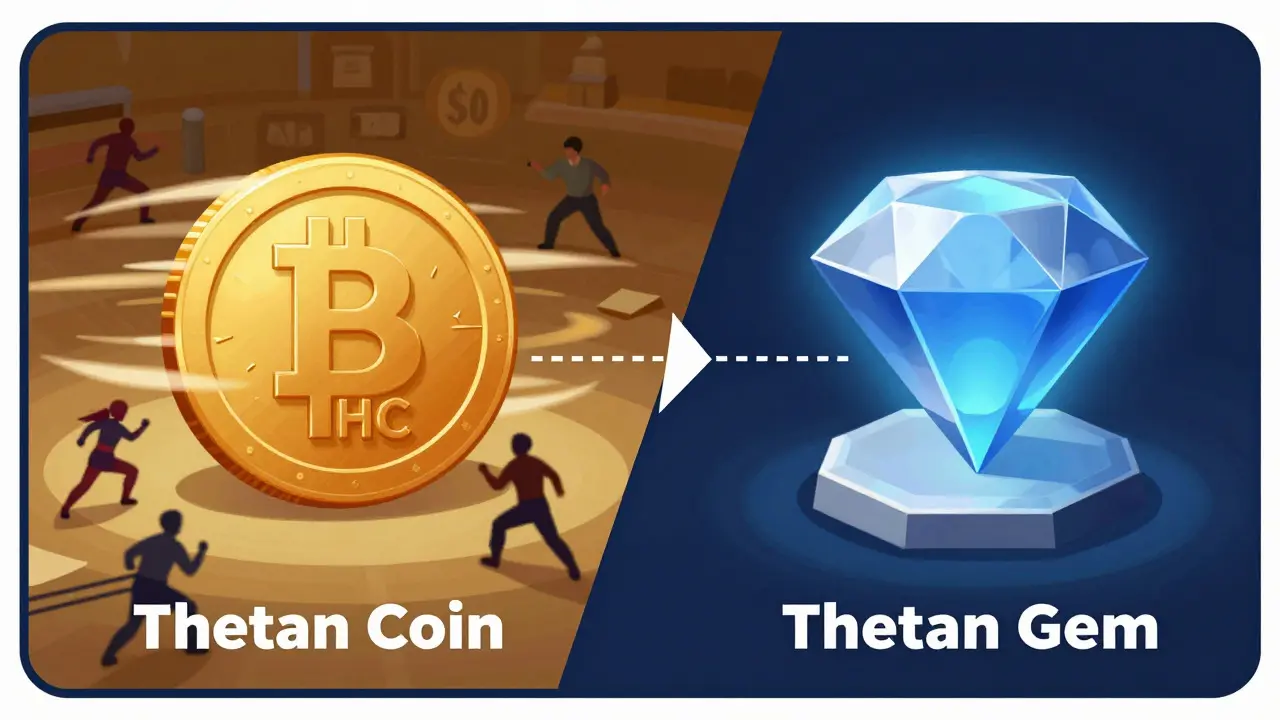 Split diagram comparing the energetic nature of THC coins with the stability of THG gems
