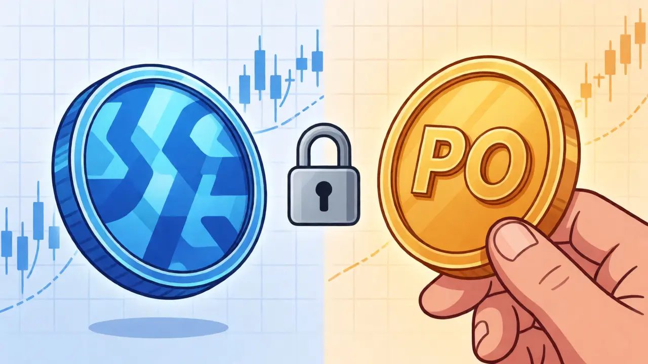 Split view comparing tradable SCI tokens with locked governance badges