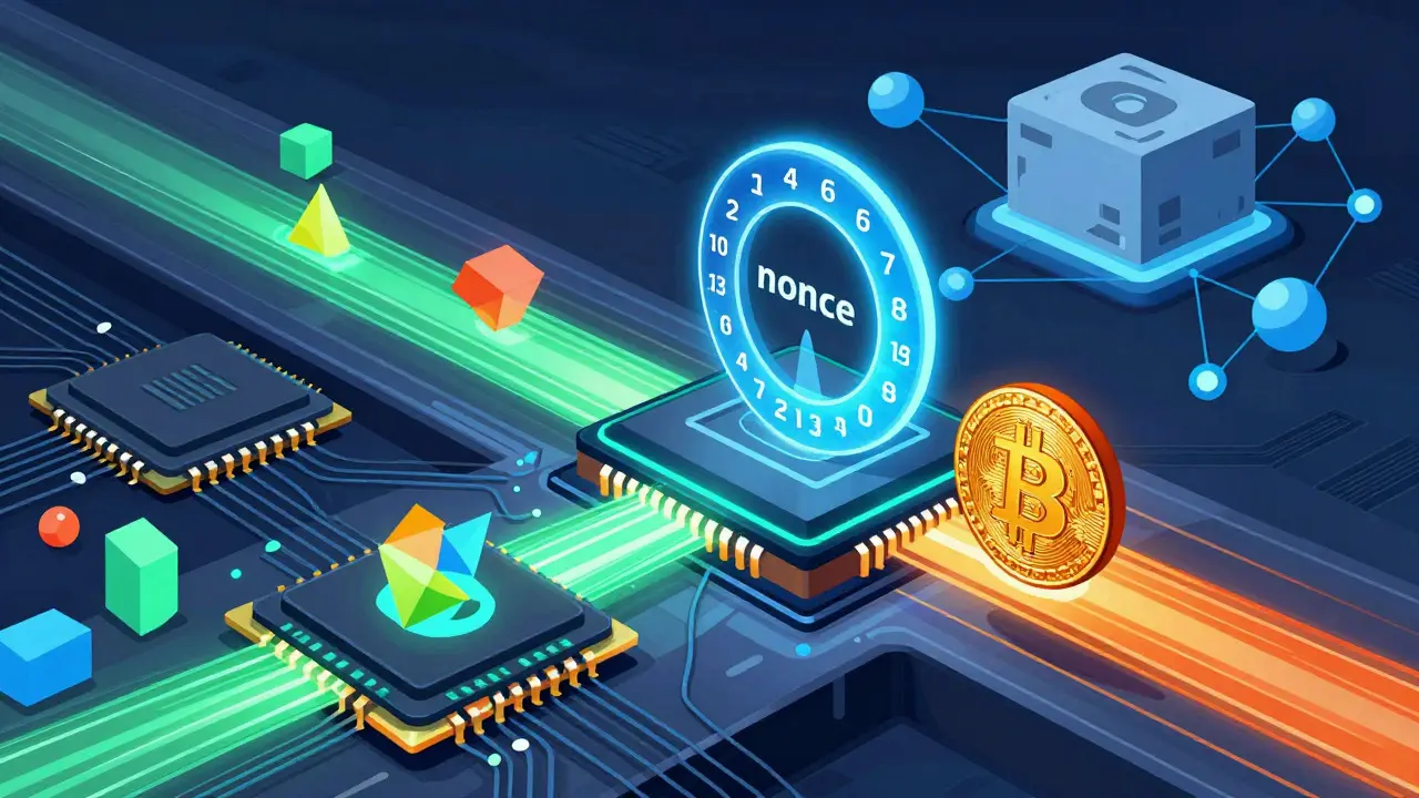 Technical cartoon of ASIC chips processing data streams in a Bitcoin mining farm.