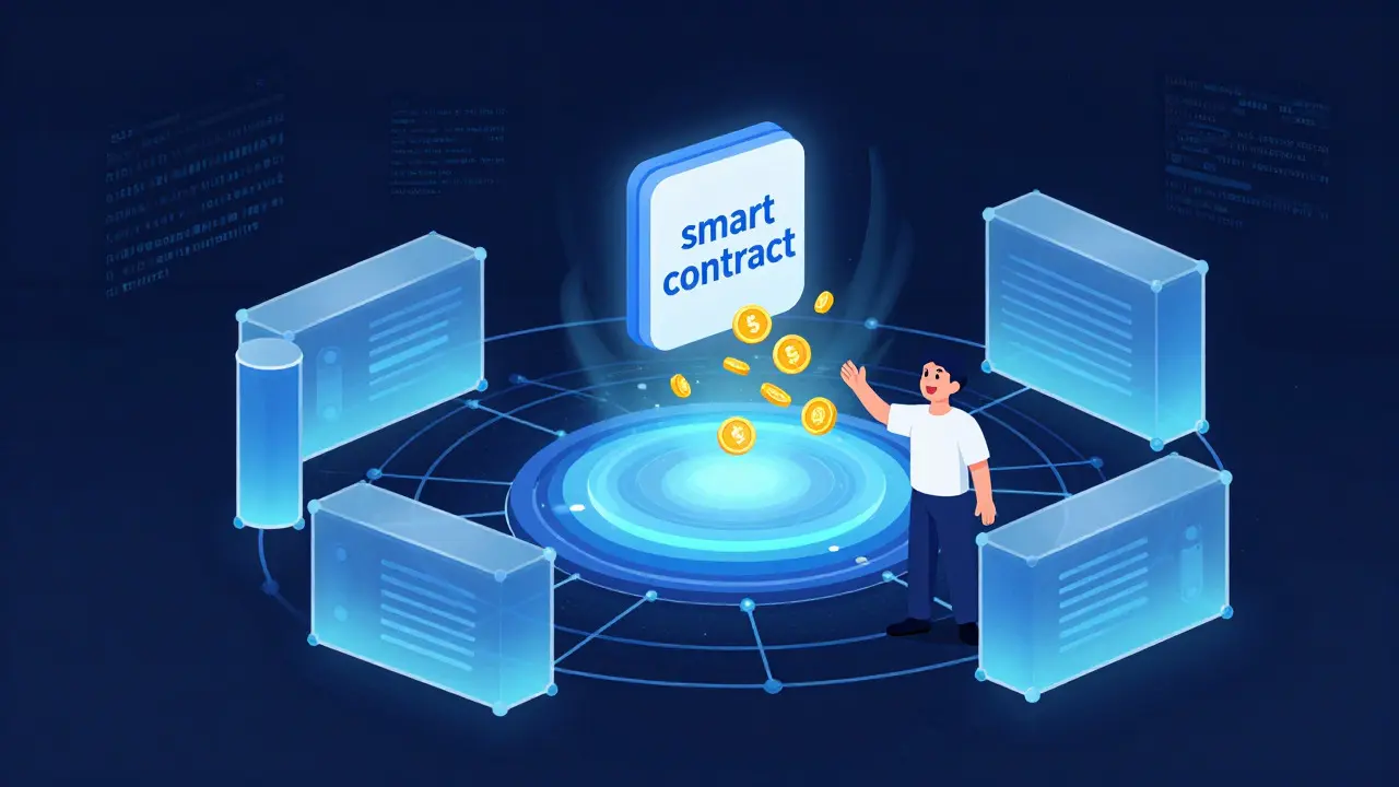 Technical cartoon showing blockchain smart contracts automatically releasing insurance payouts