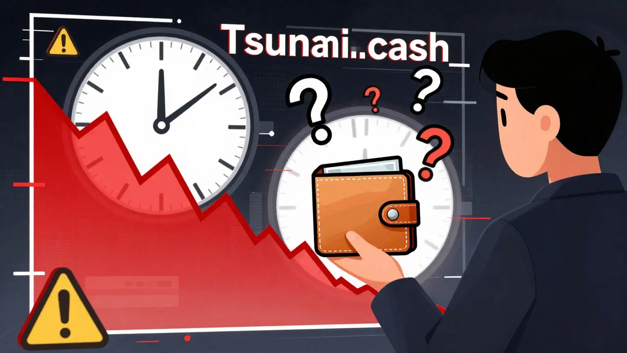Technical cartoon showing financial loss from delayed transactions and hidden fees on a risky platform.