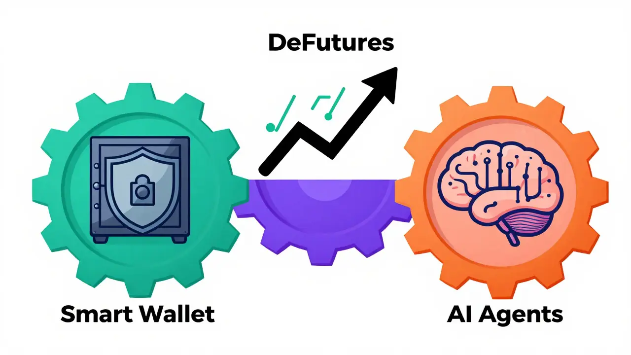 Technical cartoon showing three interconnected gears for wallet, trading, AI