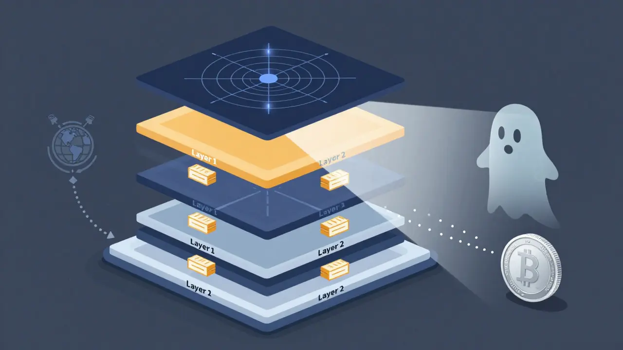 Technical diagram illustrating blockchain layer screening and privacy coin tracing