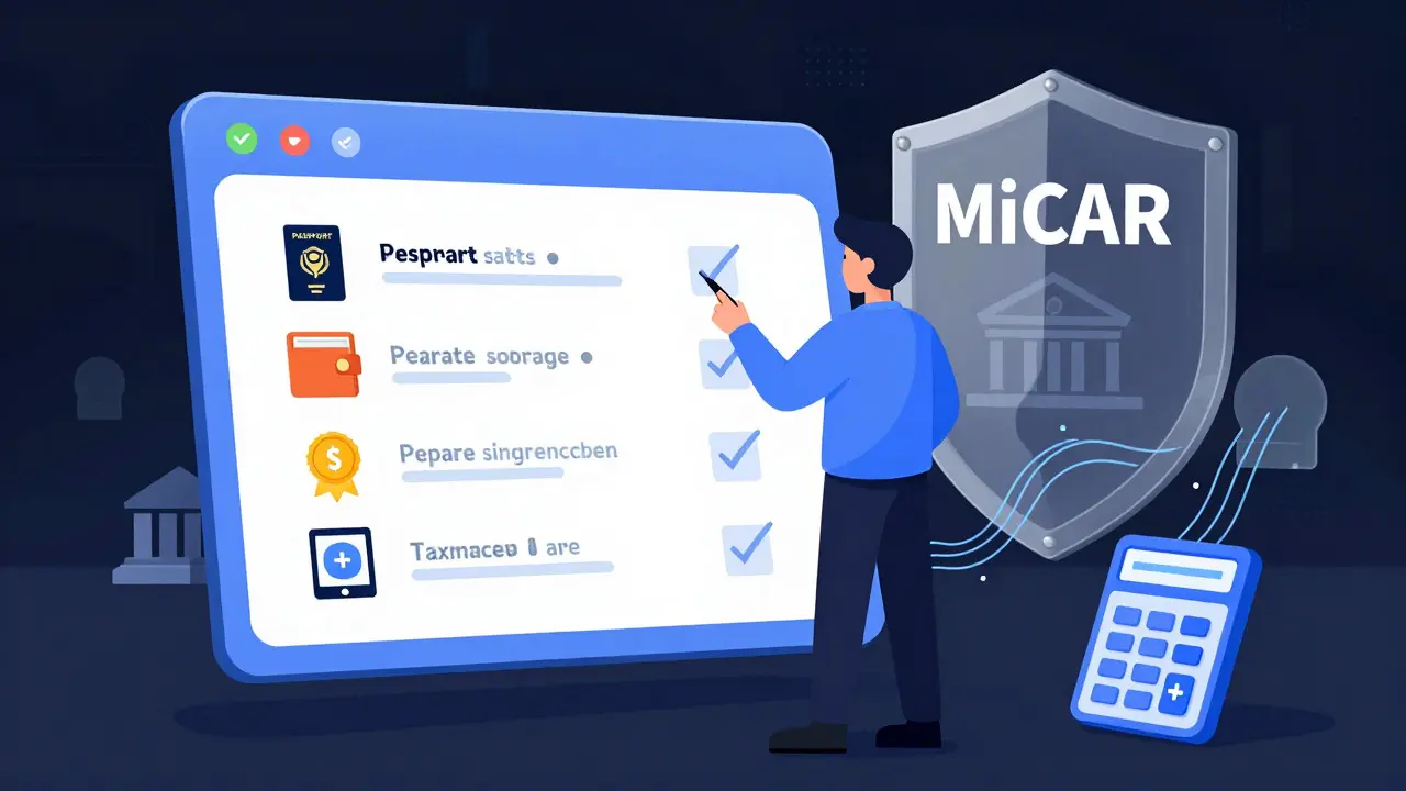 Technical illustration of crypto compliance checklist and MiCAR regulation shield.