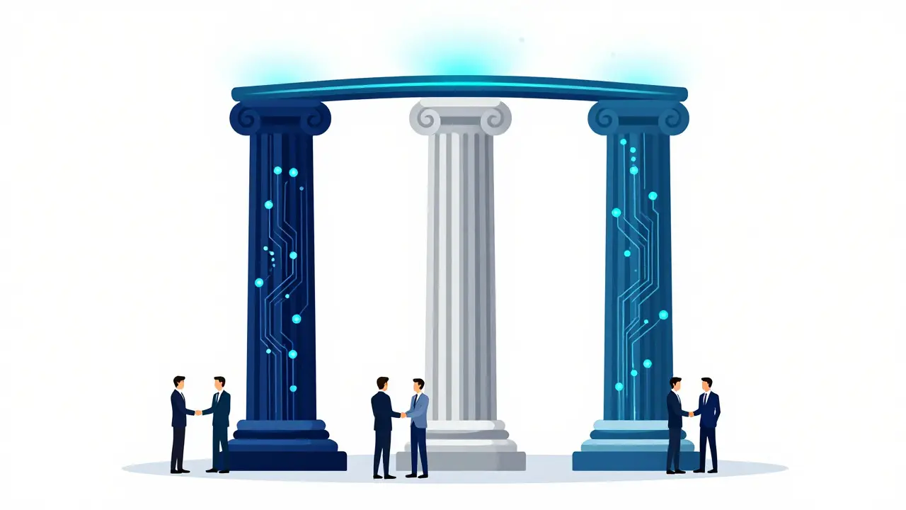 Three connected pillars representing unified banking regulators