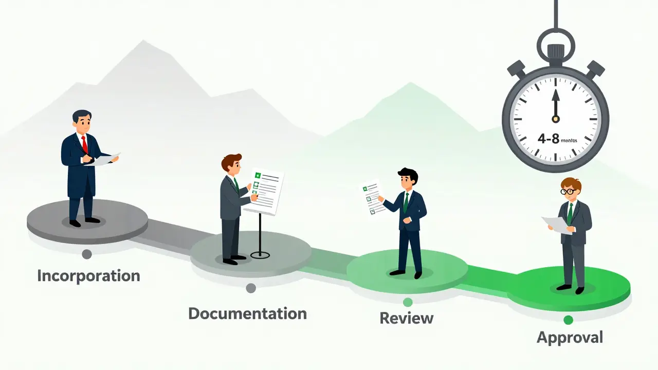 Timeline graphic illustrating the four steps of the FINMA licensing process