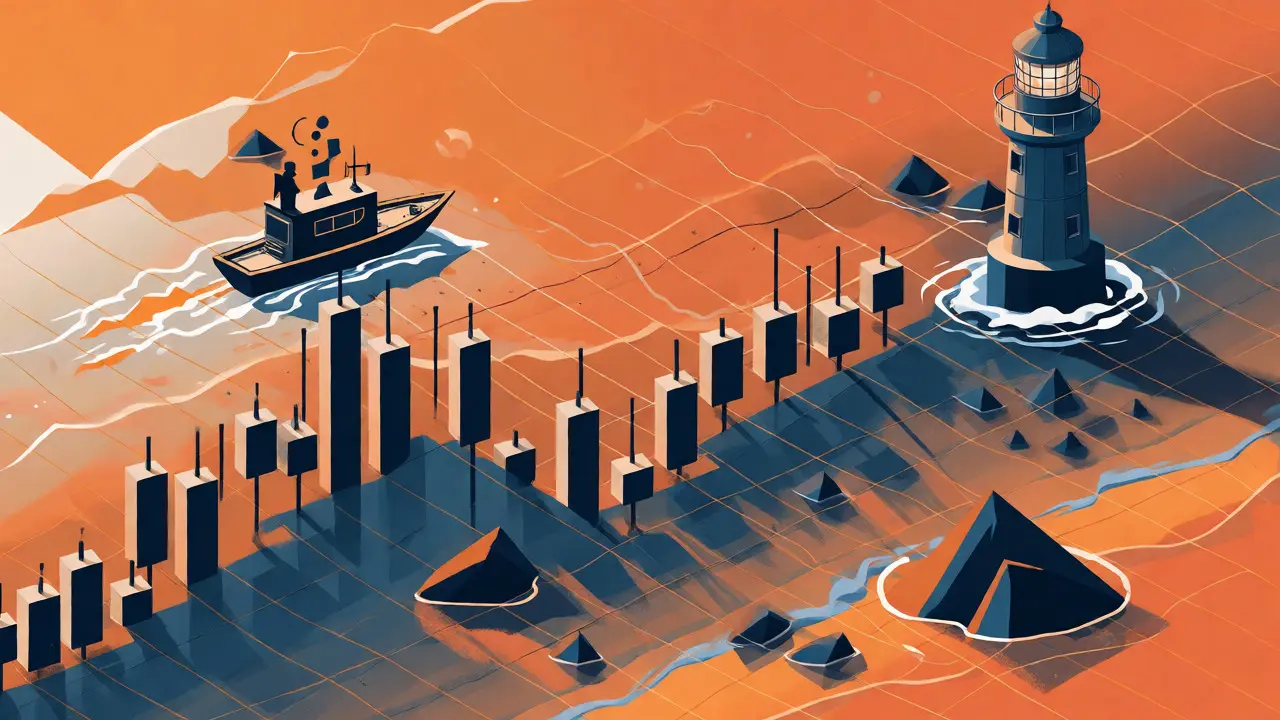 A small boat navigating turbulent, low-liquidity markets with hidden risks and volatility.