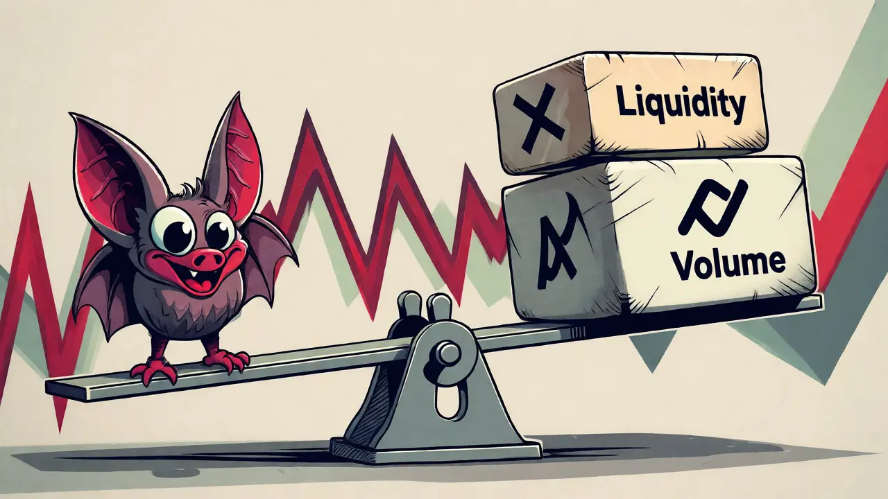 Bat on a scale illustrating low liquidity and volatility