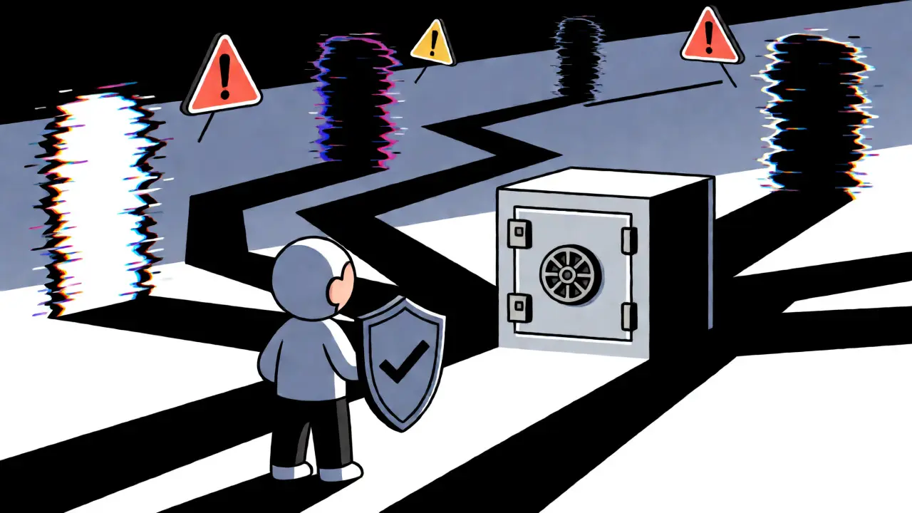 Cautionary illustration showing safe navigation through crypto scams and phishing risks.