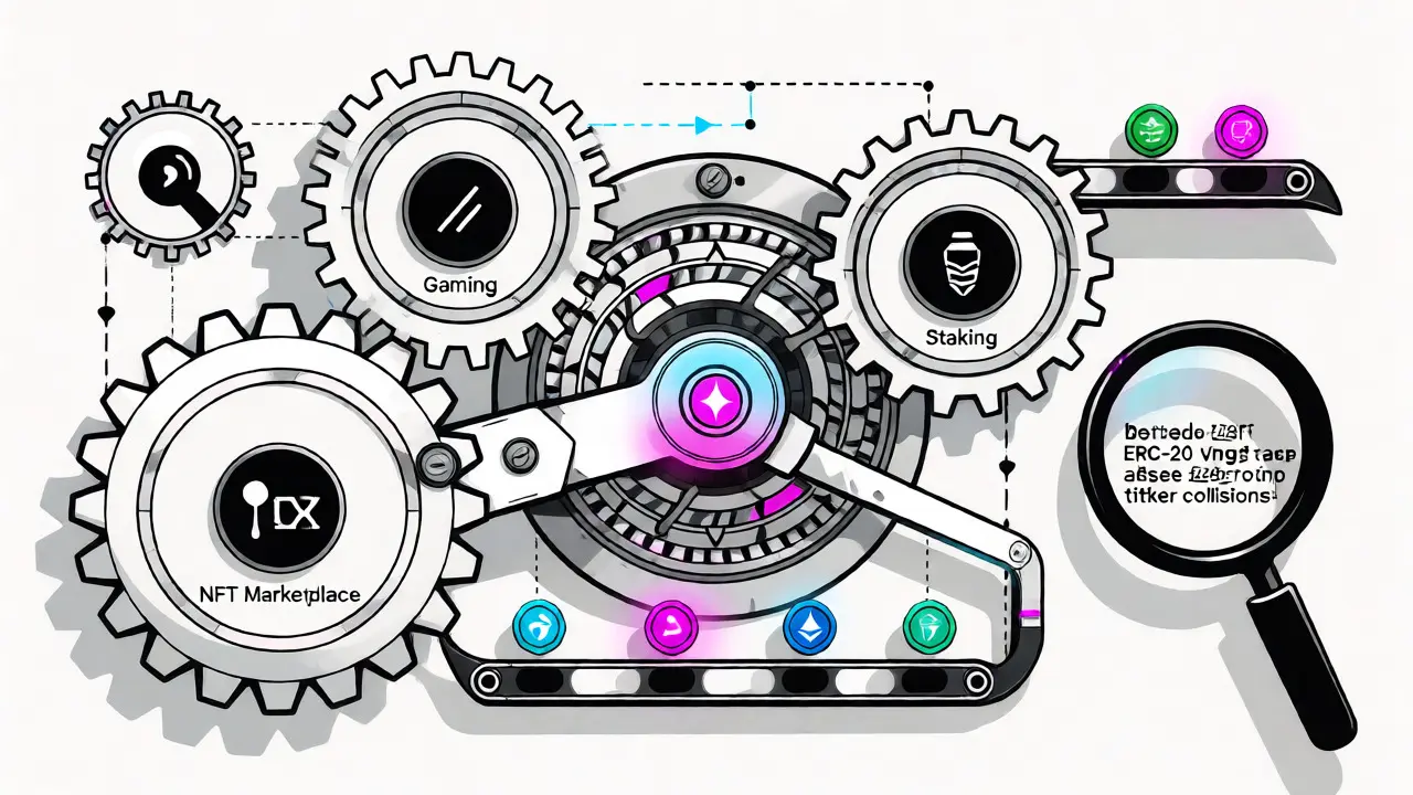 Clockwork diagram showing gaming, NFT, and staking interconnected by Ethereum