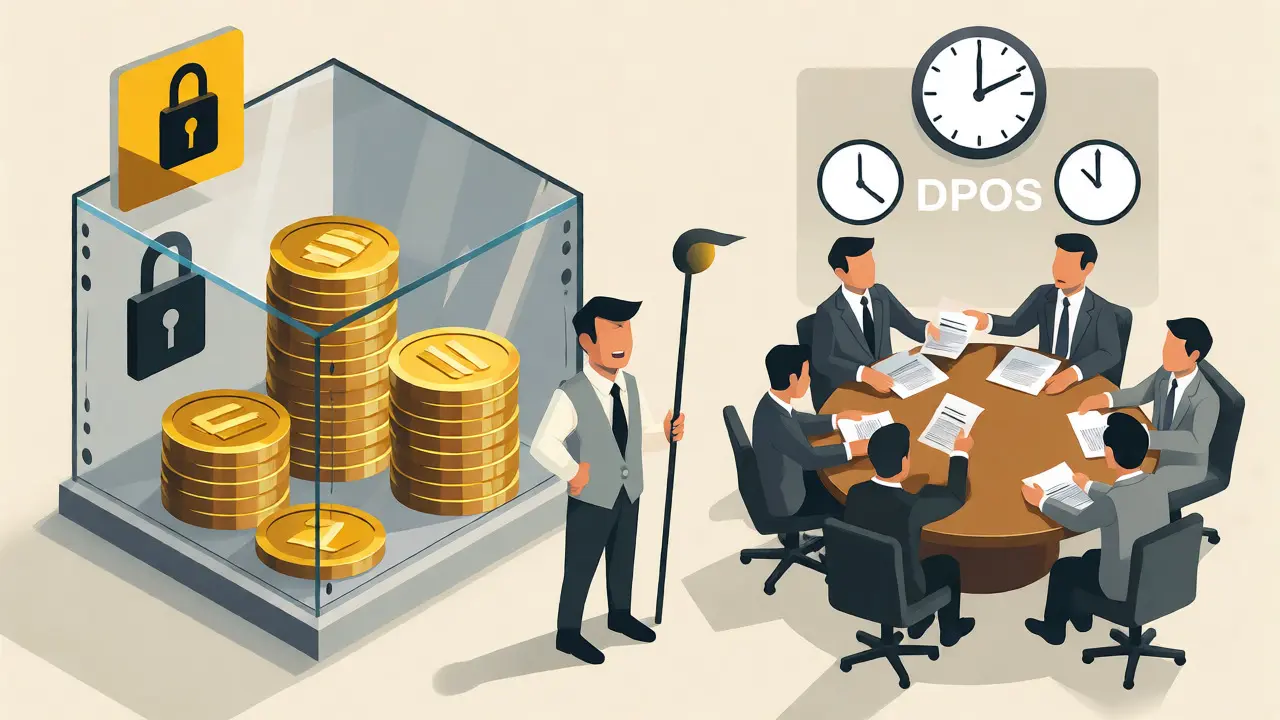Comparison of staked coin security vaults versus fast-moving delegate voting tables.