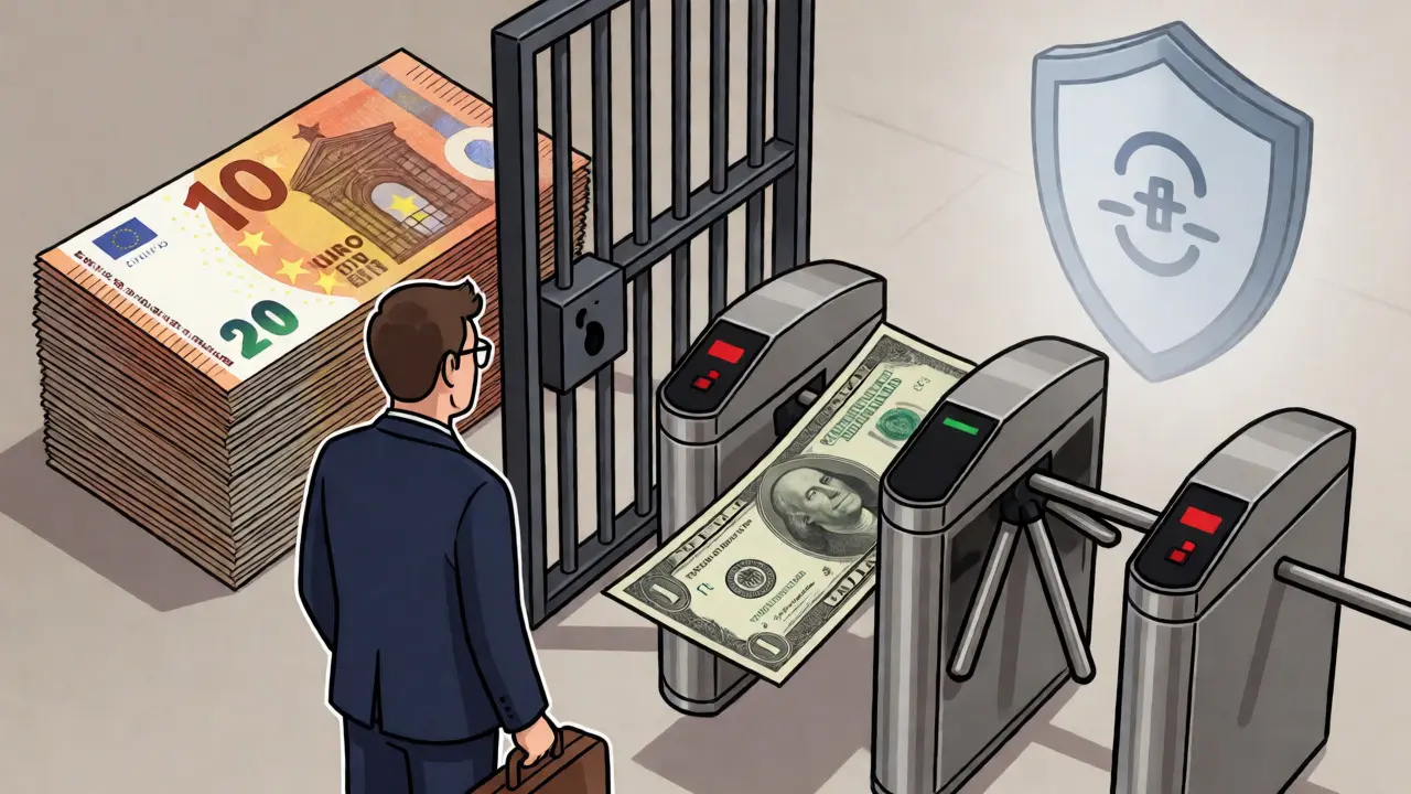 Conceptual illustration of USD-only fiat access and security limitations