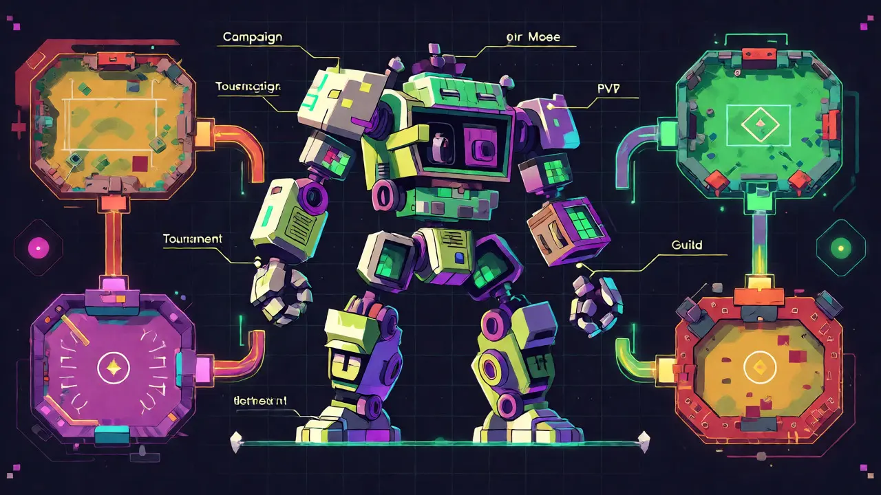 Cross-section of a pixel-art war machine with game mode zones in technical illustration