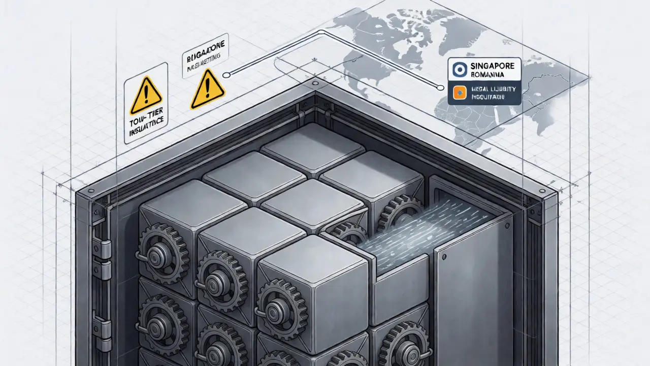 Cutaway diagram of AscendEX cold storage vault and Singapore-Romania regulatory links