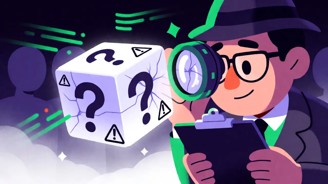 Detective inspecting a cracked smart contract cube for security flaws.