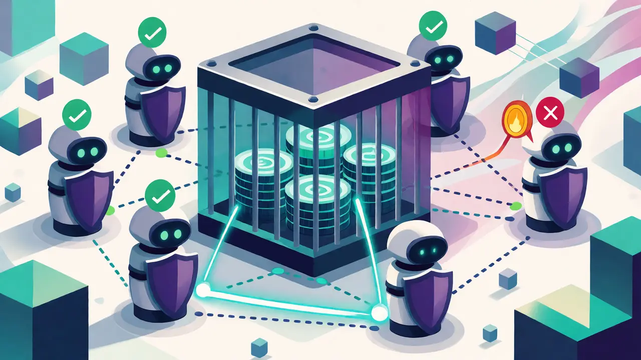 Diagram of validators securing a vault of ETH, showing consensus and slashing penalties in Proof-of-Stake.