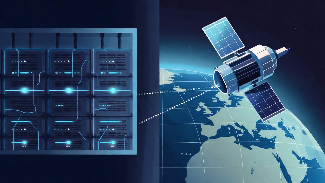 Diagram showing satellite data backup connecting to secure servers