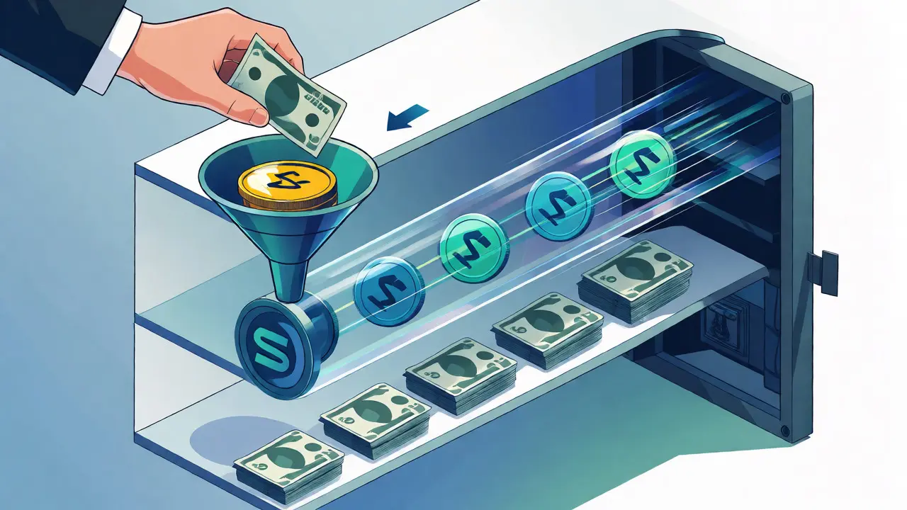 Diagram showing the stablecoin sandwich process from fiat conversion to blockchain transfer and back.