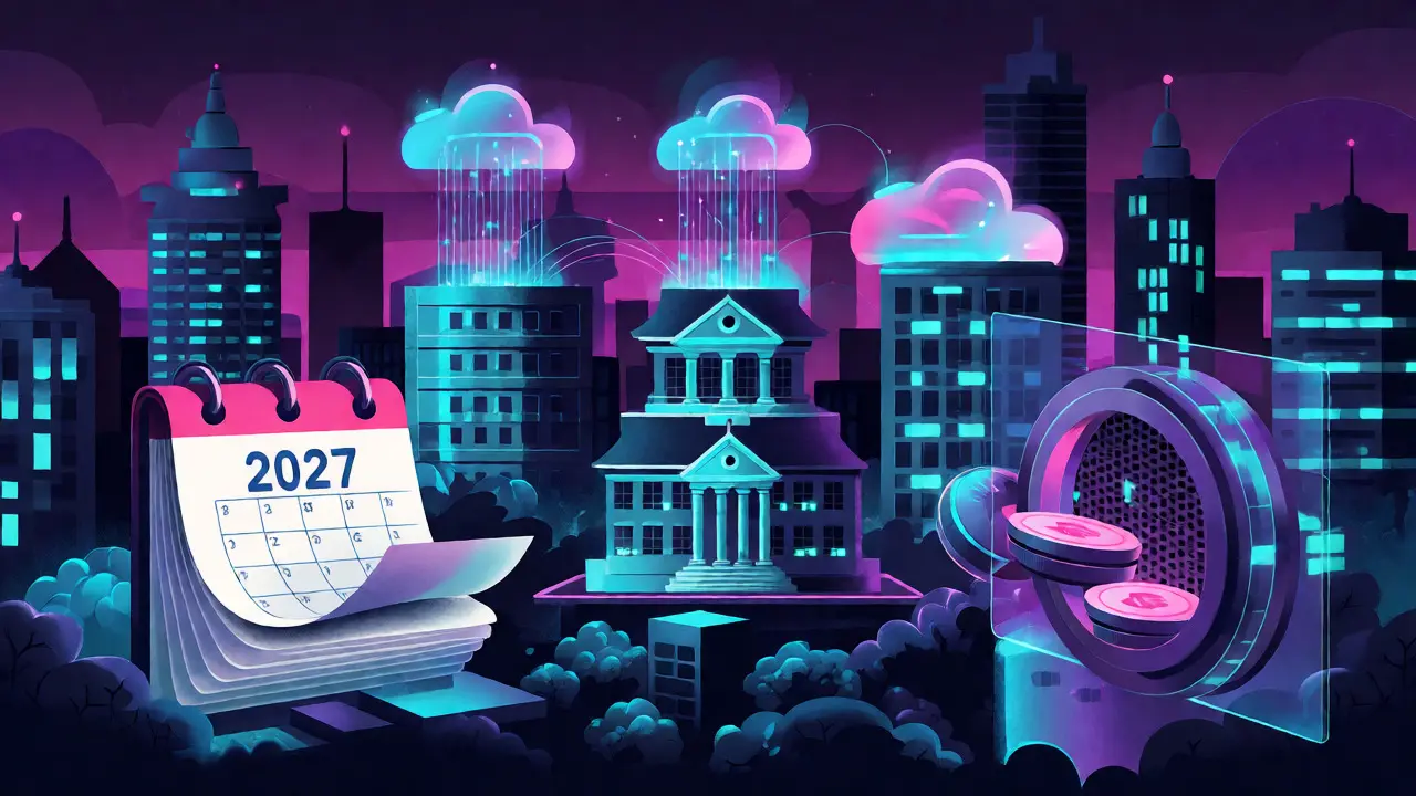 Futuristic cityscape visualizing crypto regulation and upcoming tax laws.