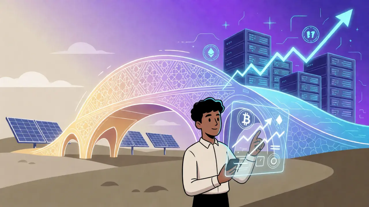 Futuristic illustration of young Saudis engaging with digital assets and renewable energy mining.