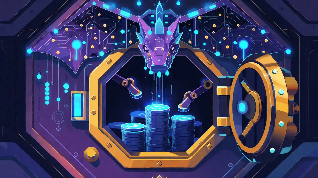 Geometric dragon hovering over a digital staking vault filled with tokens