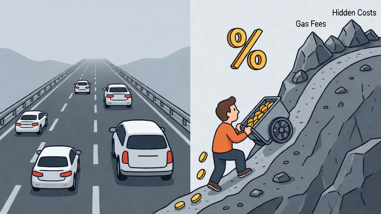 Illustration comparing smooth trading paths with risky, narrow slippage routes.