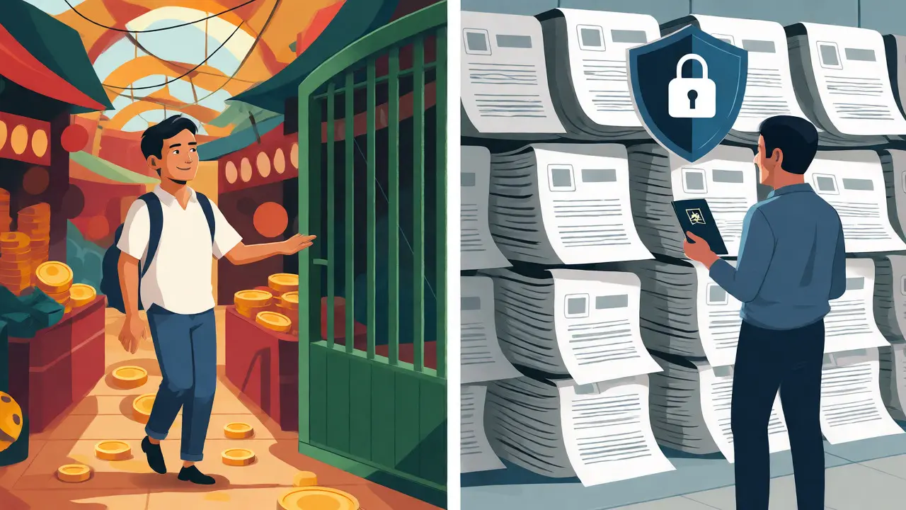Illustration contrasting easy access for locals versus barriers for foreigners.