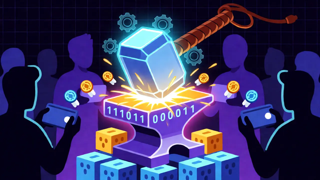 Illustration of a Mjolnir-themed mining pool distributing WKIM tokens to community holders.