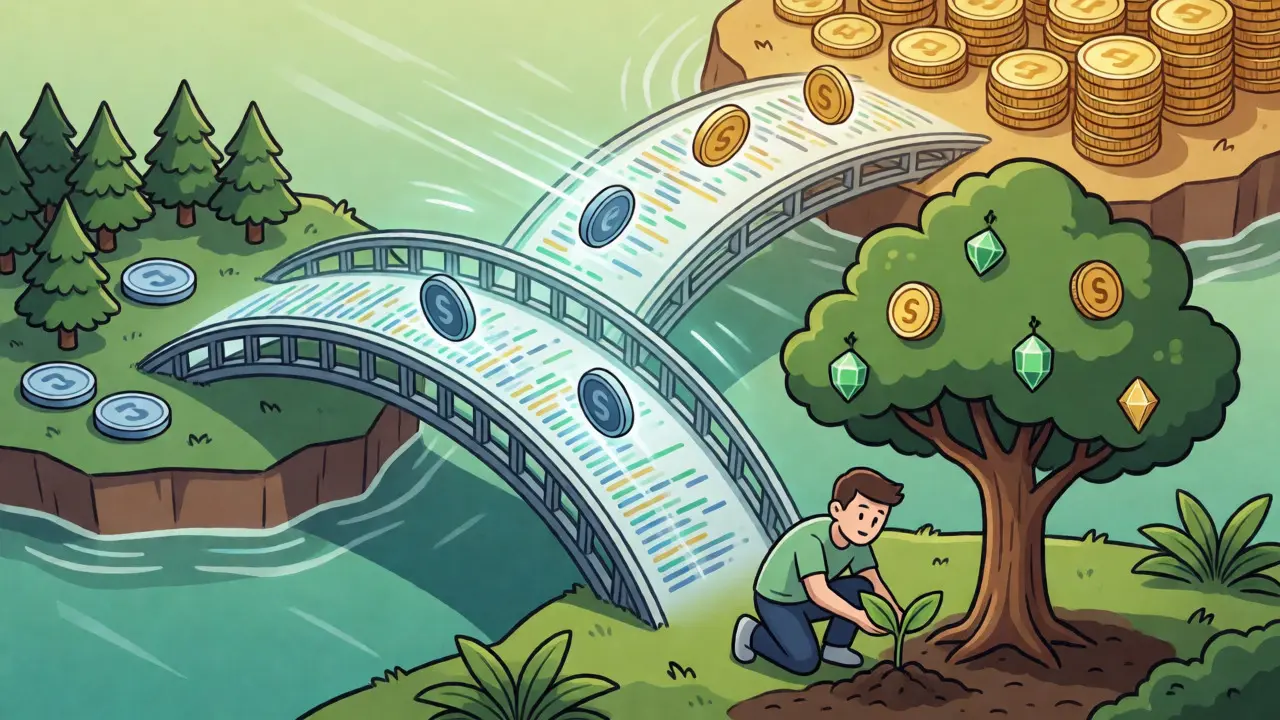 Illustration of cross-chain asset transfer and staking rewards growing like a tree