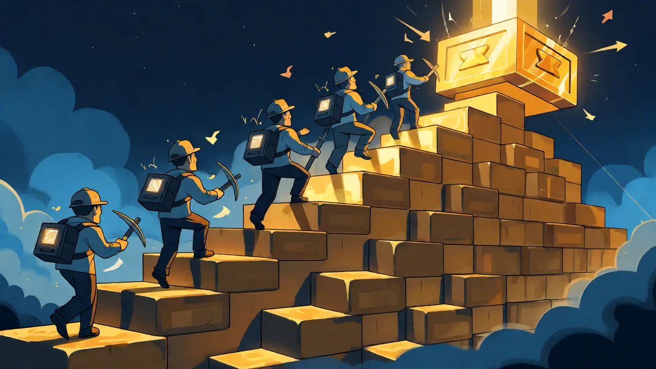 Illustration of miners climbing a staircase of blocks towards a glowing beacon, representing Proof-of-Work.