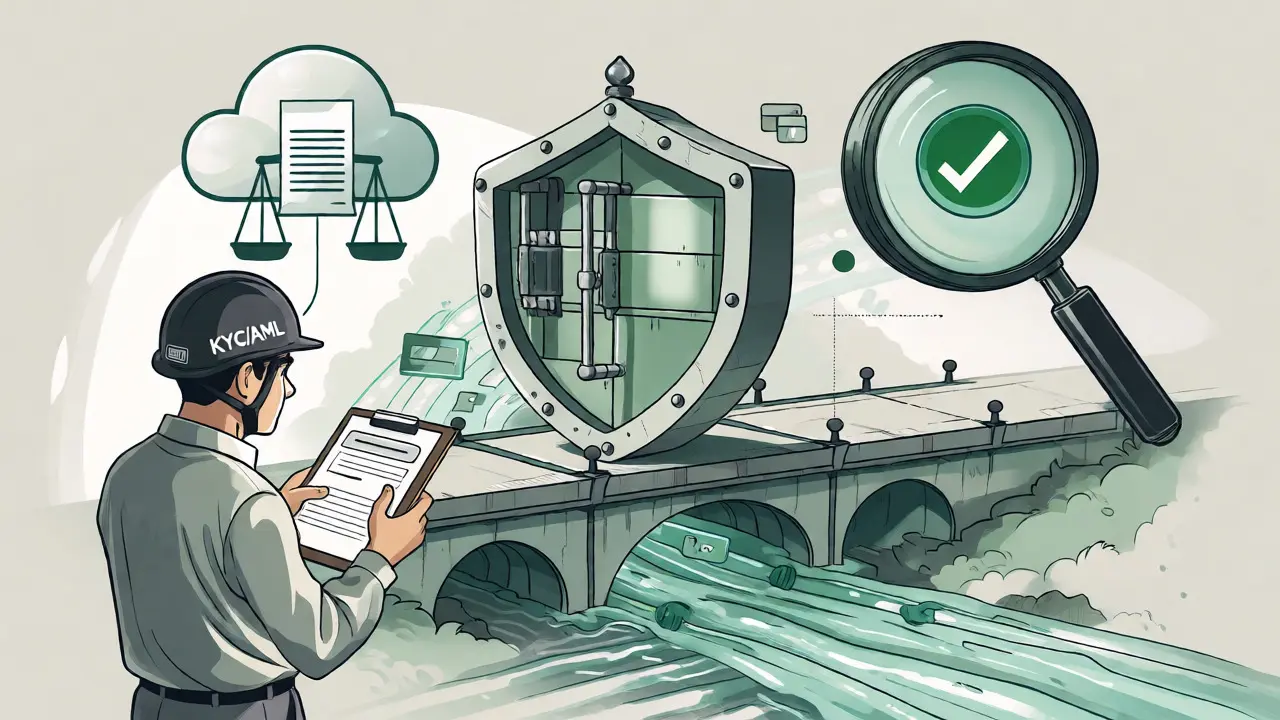 Illustration of security measures like KYC checks and address verification in crypto payments.