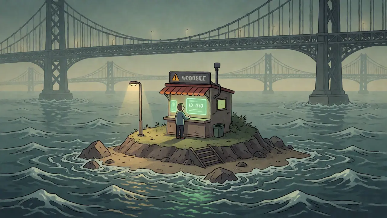 Isolated crypto trading post representing low liquidity and niche status