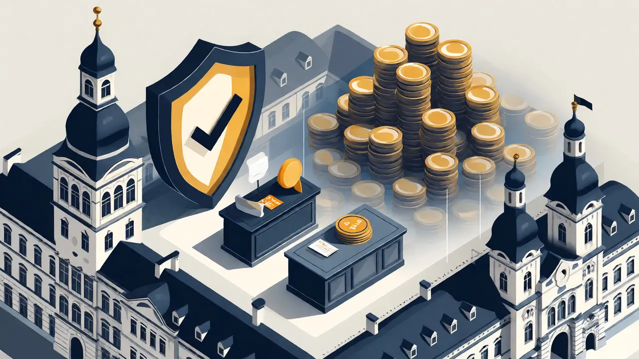 Isometric view of EU-compliant crypto trading with regulatory shield