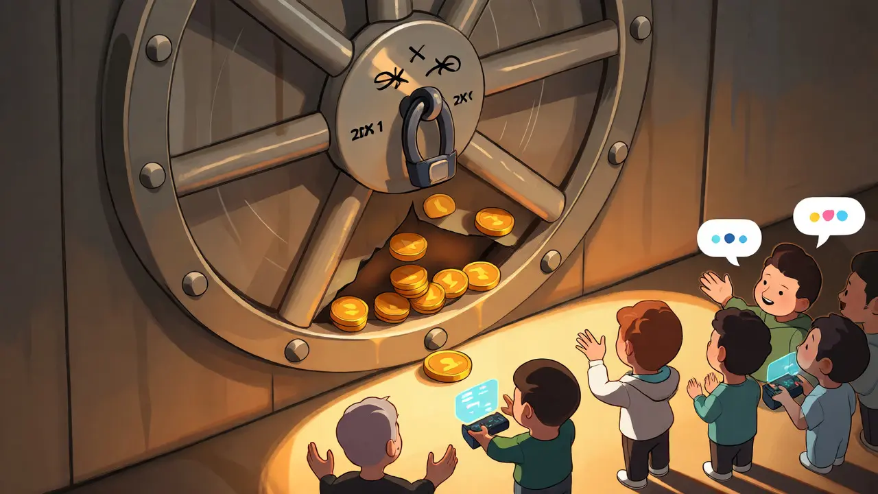 Locked vault trapping gold coins while community avatars wait outside in cartoon style