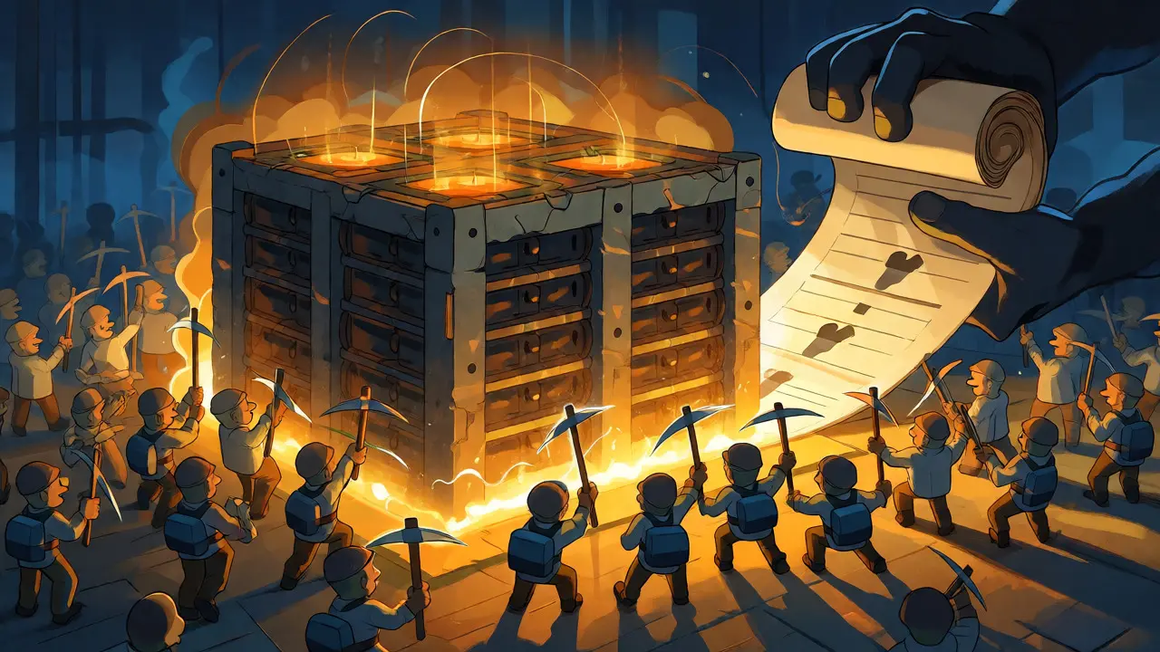 Miners battling an attacker in a high-energy Proof-of-Work mining fortress scene.