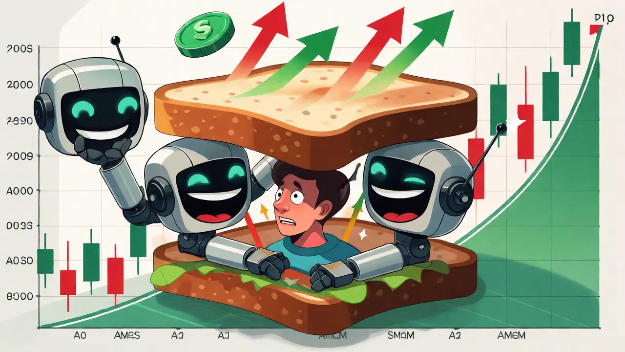 Sandwich attack illustration with bots squeezing a user between trades