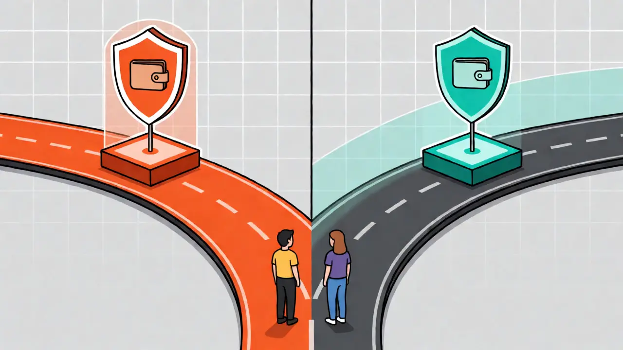 Split-screen diagram showing two different crypto project paths diverging from a central point