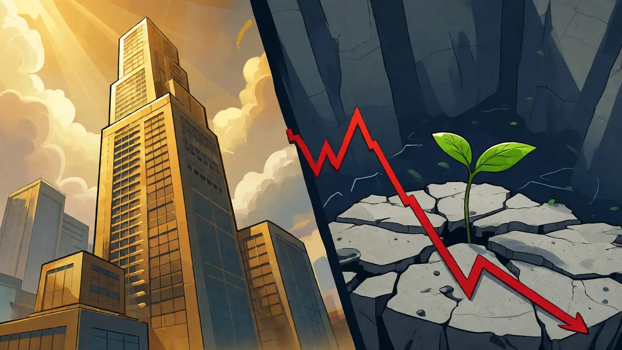 Split-screen visual comparing high ICO value to current low market cap