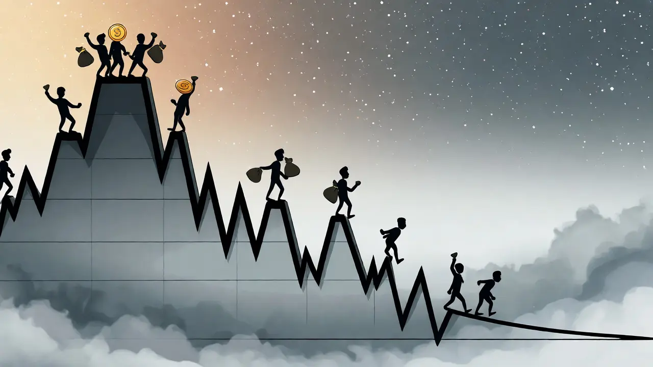 Steep downward graph line with figures transitioning from optimism to distress, symbolizing the CELT price crash.