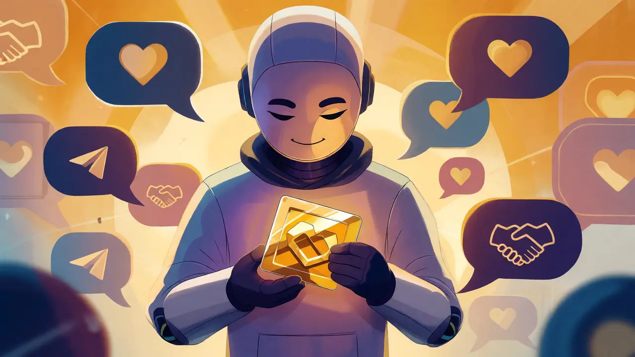 Stylized character holding an exclusive NFT card, surrounded by symbols of community connection.