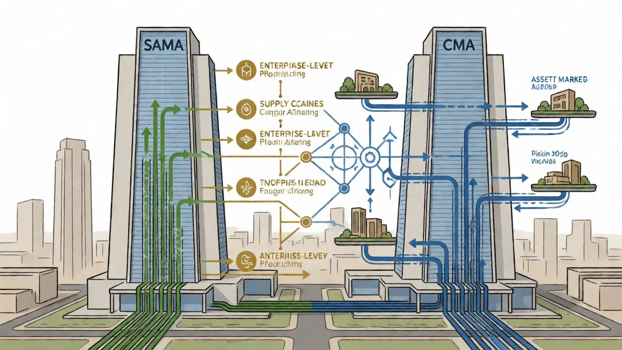 Technical diagram of SAMA and CMA roles regulating crypto assets and blockchain technology.