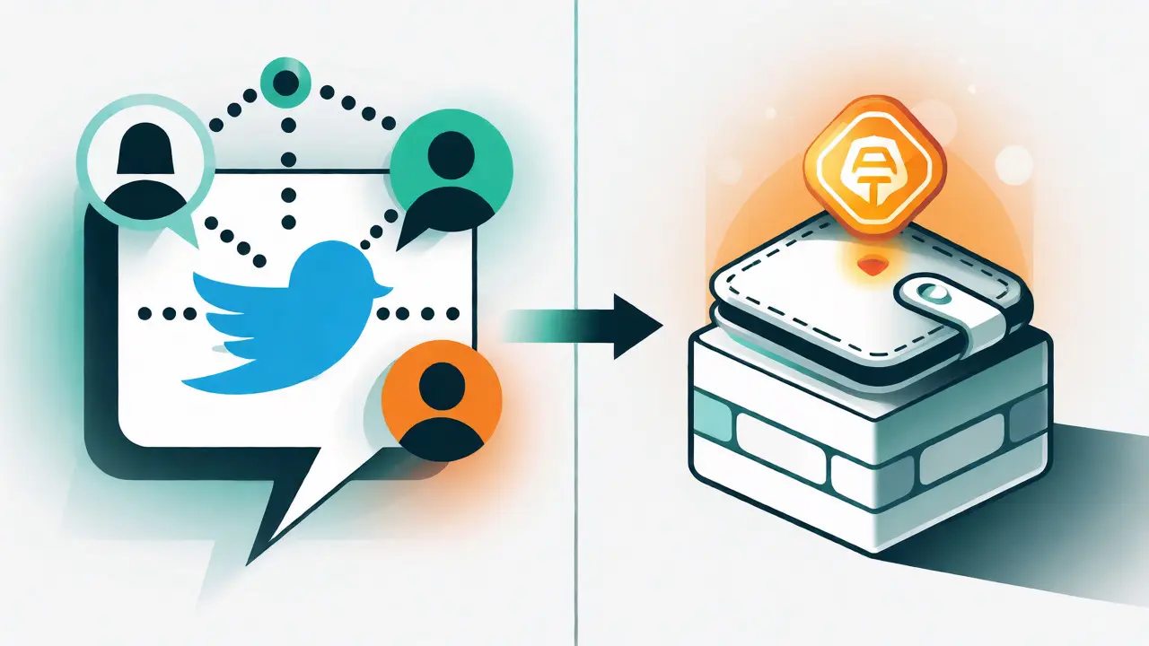 Technical diagram showing social media retweets leading to an NFT deposit in a BNB Chain wallet.