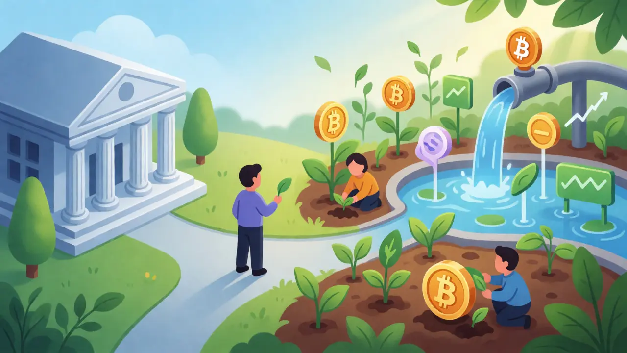 User interacting with DeFi yield farming garden powered by Bitcoin-backed tokens