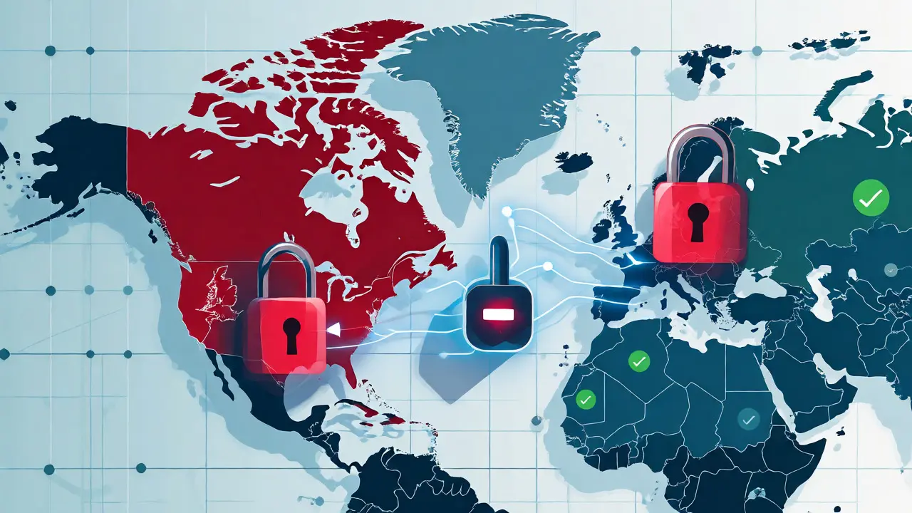 World map highlighting US, UK, and Canada as restricted dYdX regions