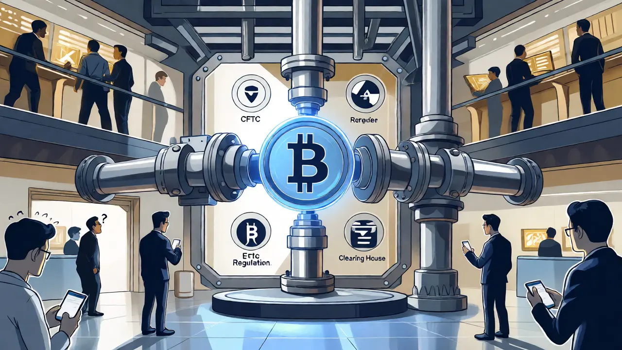 Cross-section diagram of regulated crypto trading mechanics under CFTC oversight.